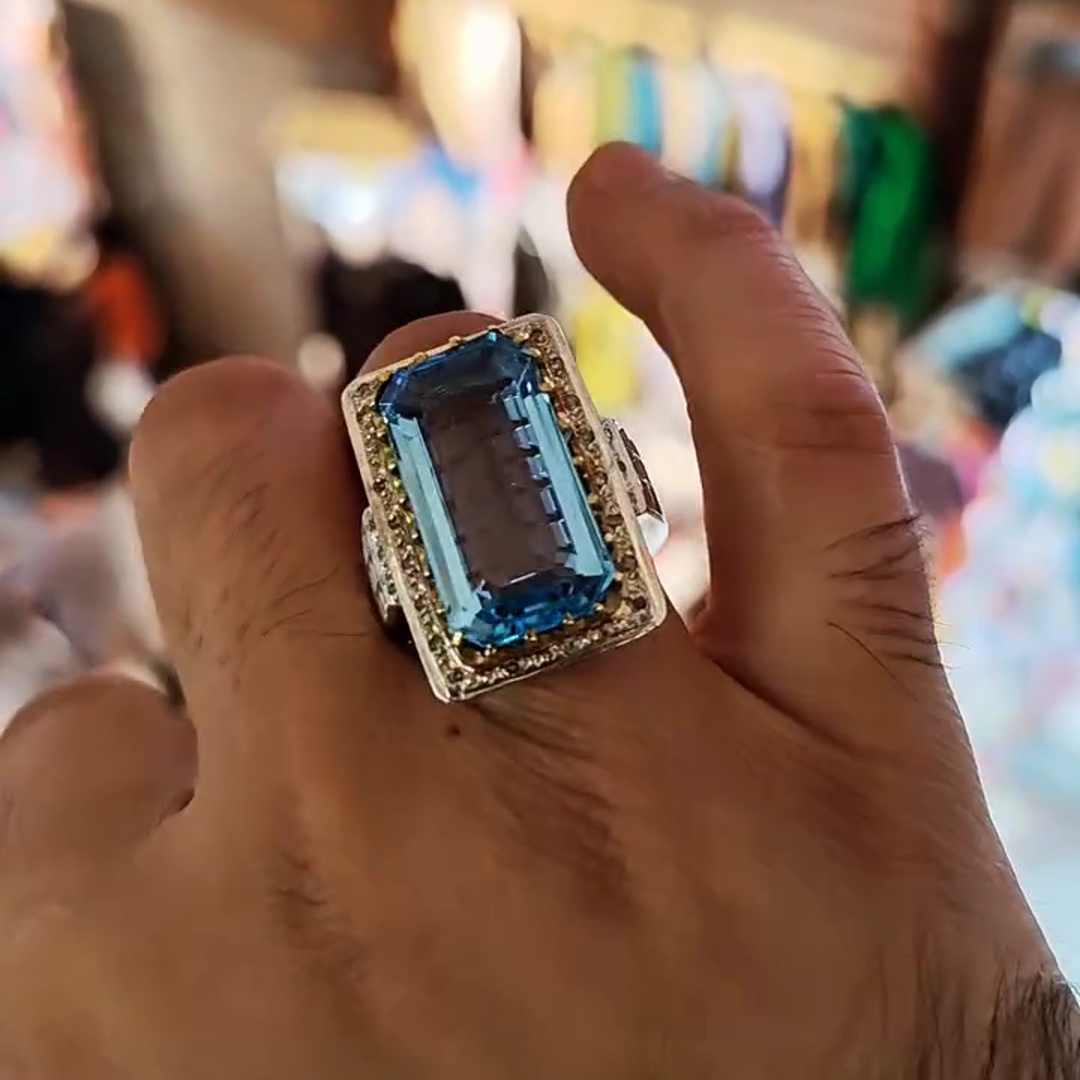 30ct Emerald Cut Aqua Blue Crystal Sterling Silver Plated Yellow Gold Handmade Men's Ring