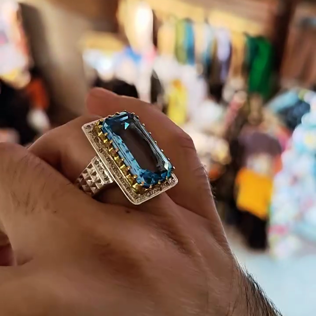 30ct Emerald Cut Aqua Blue Crystal Sterling Silver Plated Yellow Gold Handmade Men's Ring