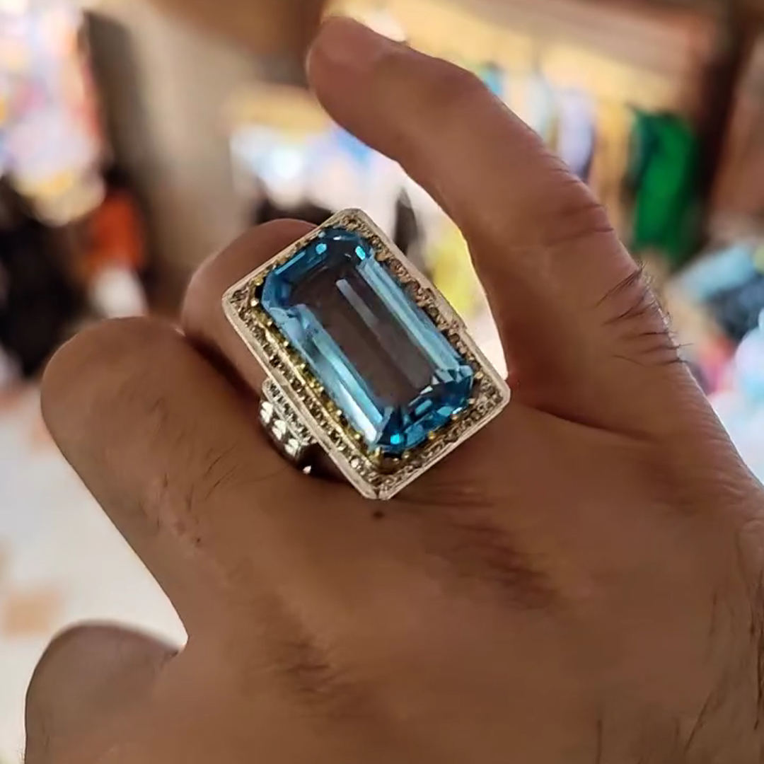 30ct Emerald Cut Aqua Blue Crystal Sterling Silver Plated Yellow Gold Handmade Men's Ring