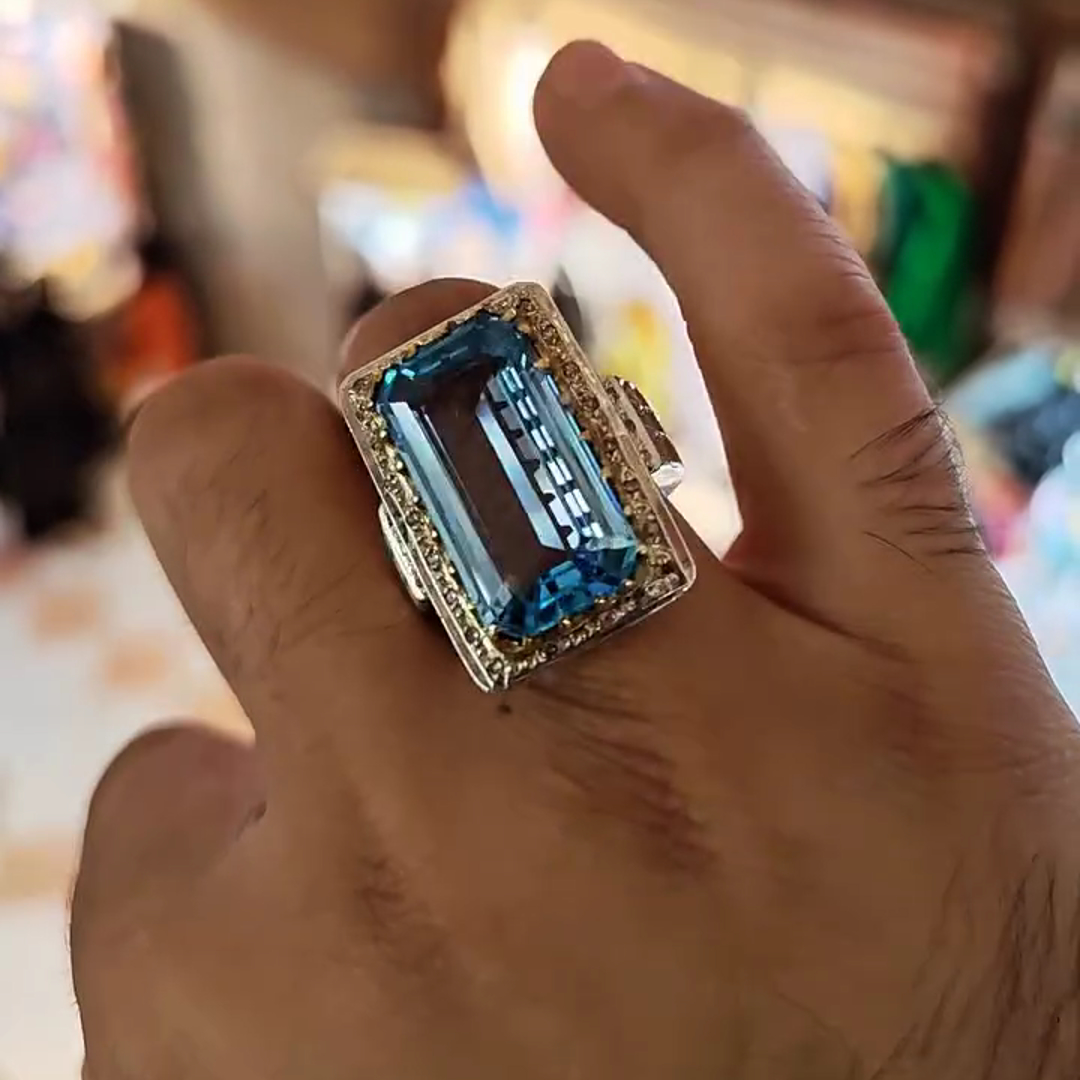 30ct Emerald Cut Aqua Blue Crystal Sterling Silver Plated Yellow Gold Handmade Men's Ring