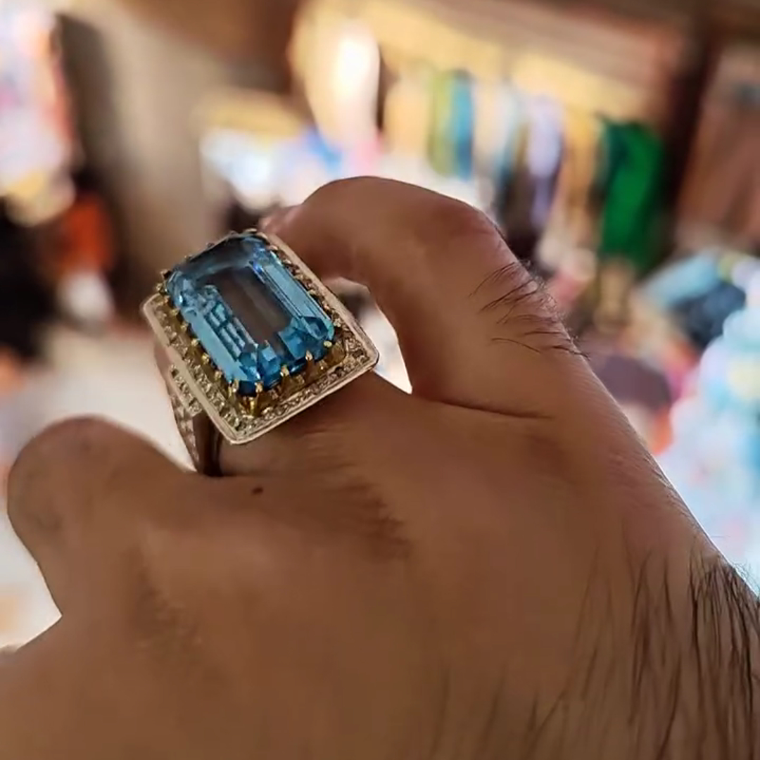 30ct Emerald Cut Aqua Blue Crystal Sterling Silver Plated Yellow Gold Handmade Men's Ring