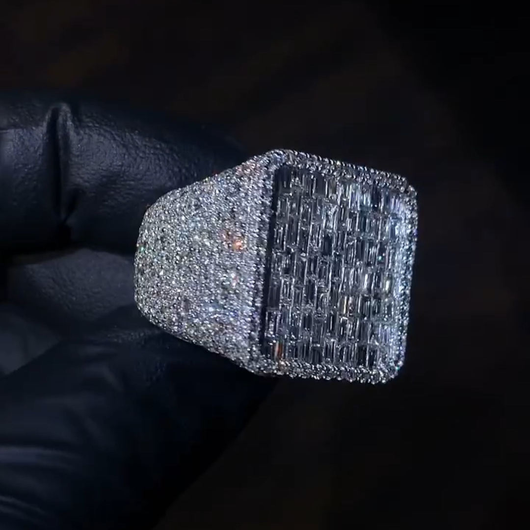 36ct Emerald Cut Diamond Sterling Silver Handmade Men's Ring