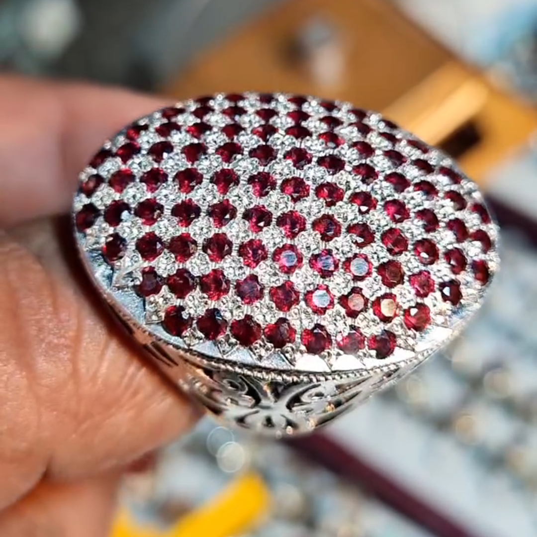 Round Cut Ruby ​​and Diamond Set Luxury Sterling Silver Handmade Ring