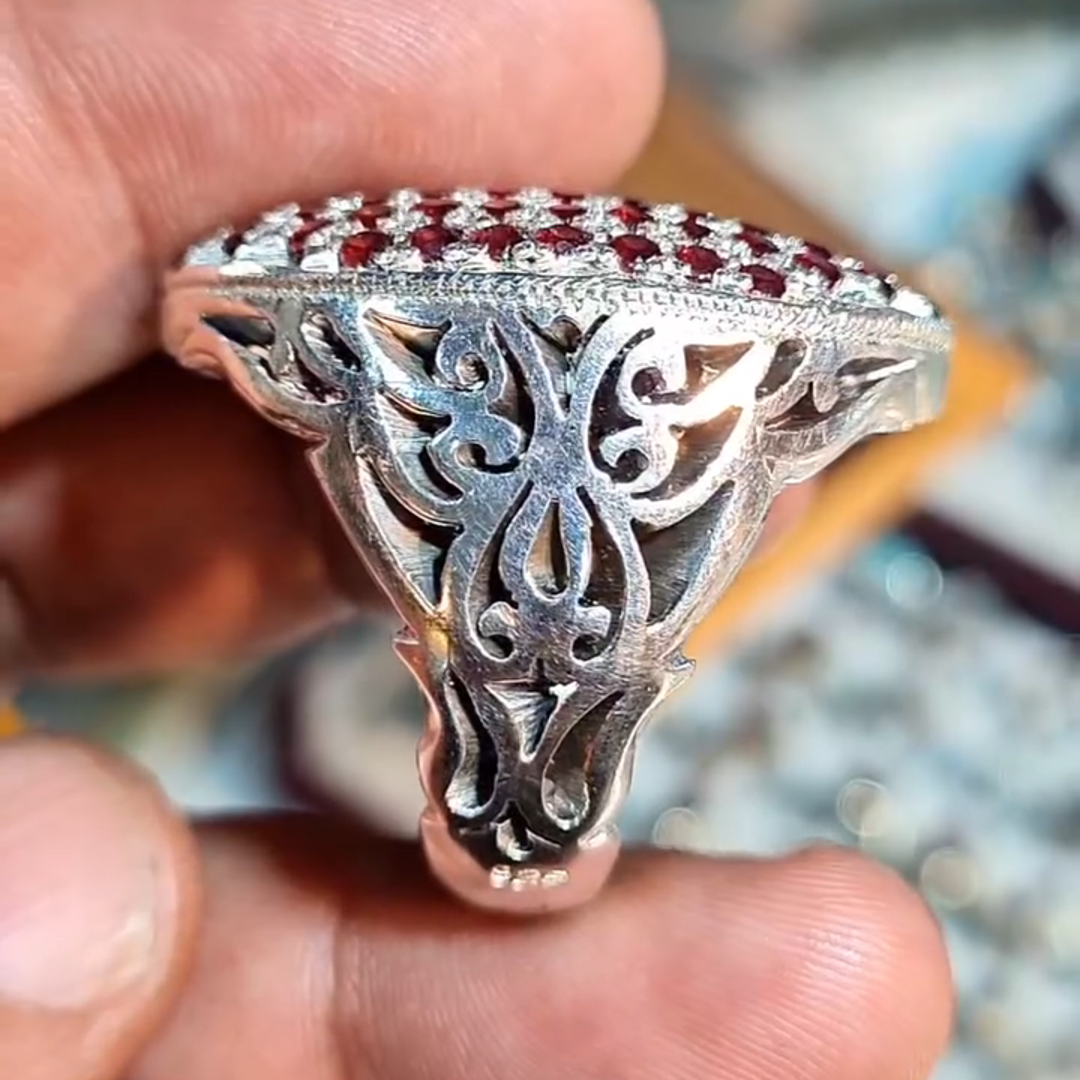 Round Cut Ruby ​​and Diamond Set Luxury Sterling Silver Handmade Ring