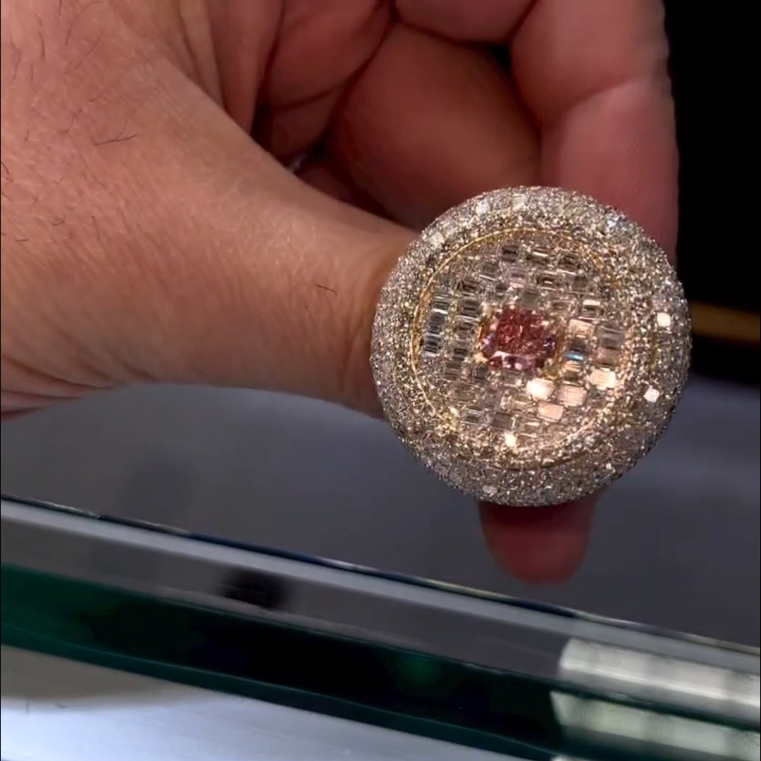 36ctw Cushion Cut Pink Diamond And White Diamond Sterling Silver Plated Rose Gold Handmade Ring