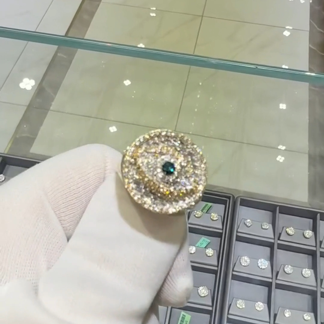 36ctw Round Cut Diamond And Emerald Sterling Silver Plated Yellow Gold Handmade Ring