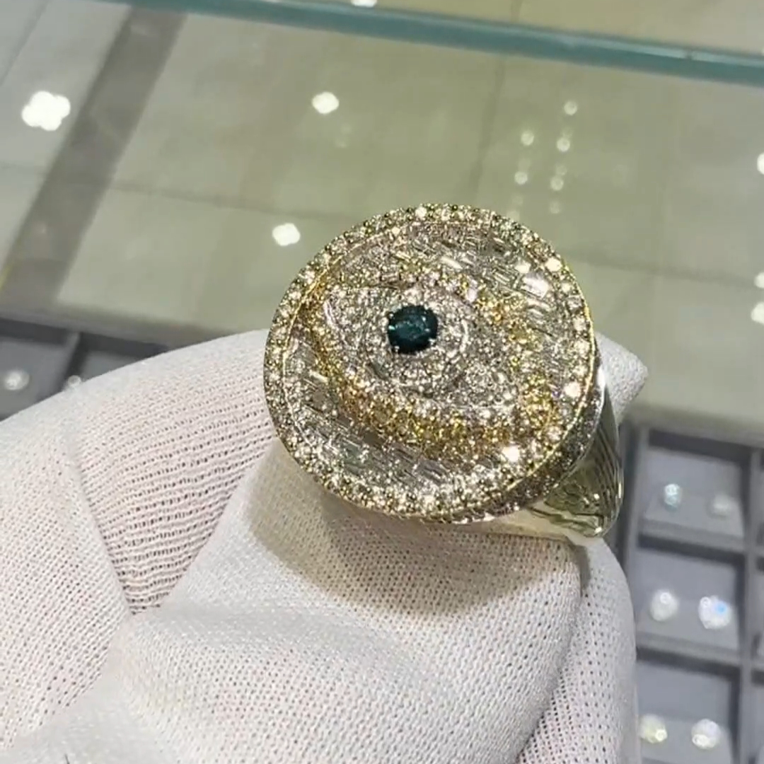 36ctw Round Cut Diamond And Emerald Sterling Silver Plated Yellow Gold Handmade Ring