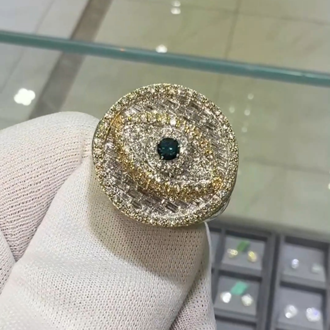 36ctw Round Cut Diamond And Emerald Sterling Silver Plated Yellow Gold Handmade Ring