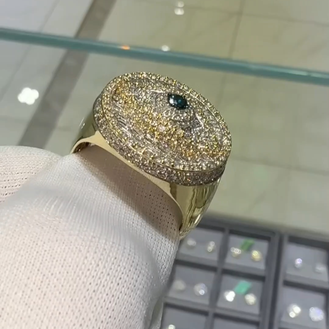 36ctw Round Cut Diamond And Emerald Sterling Silver Plated Yellow Gold Handmade Ring