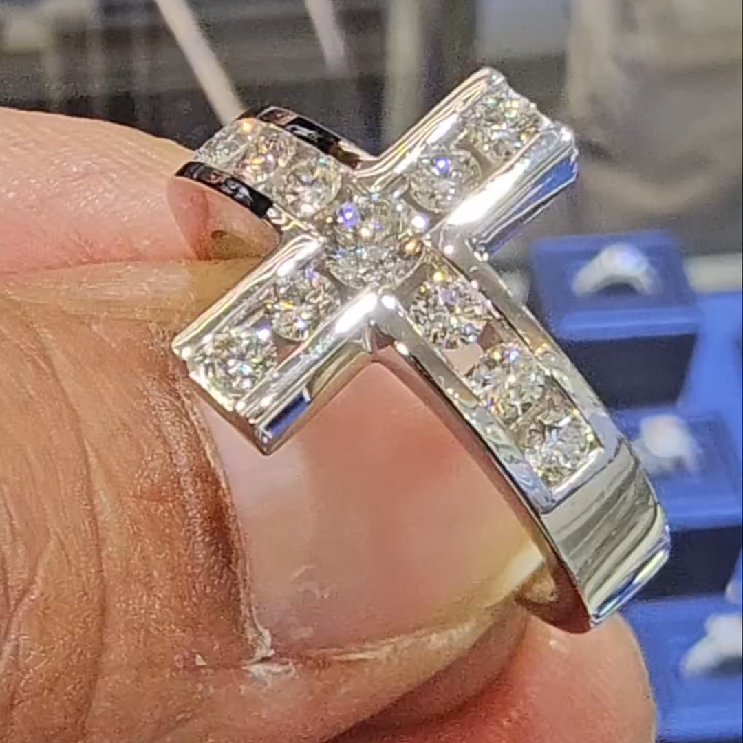 8ct Round-cut Diamond Cross Shaped Sterling Silver Handmade Ring