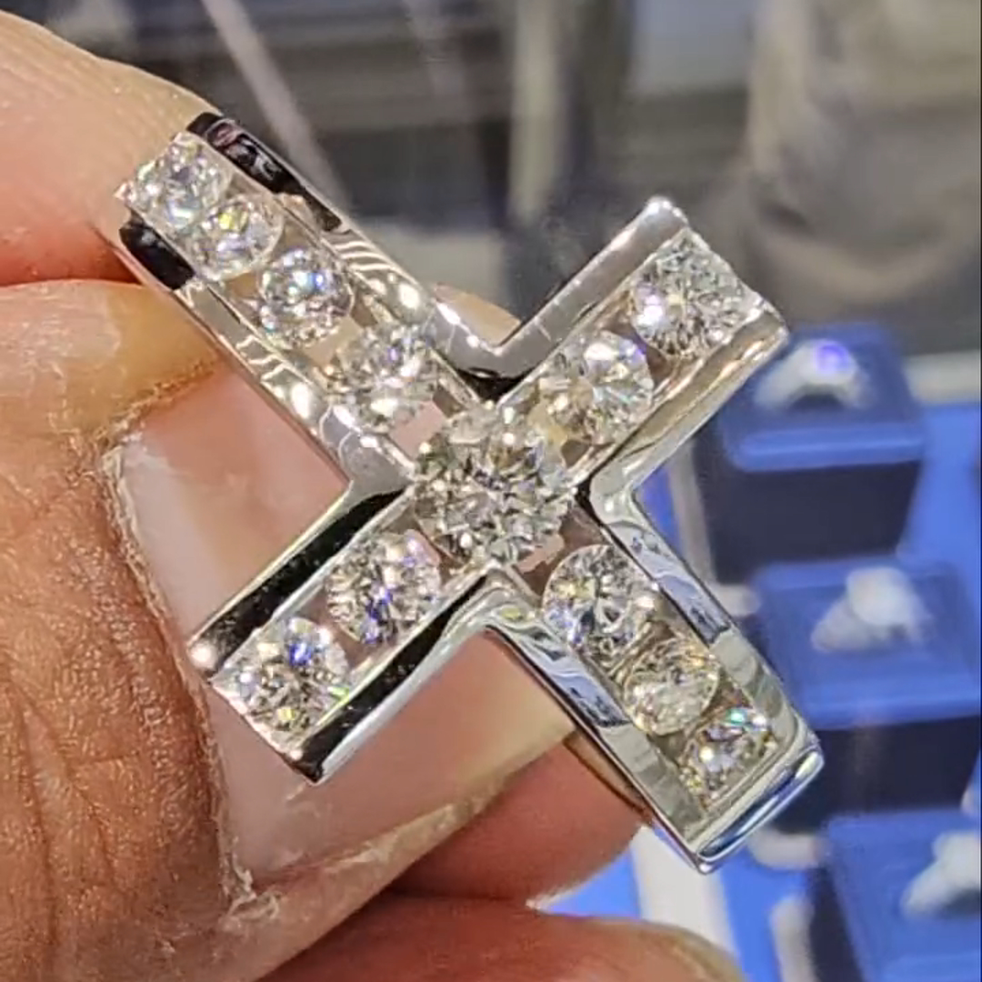 8ct Round-cut Diamond Cross Shaped Sterling Silver Handmade Ring