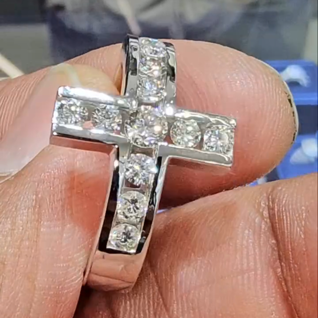 8ct Round-cut Diamond Cross Shaped Sterling Silver Handmade Ring