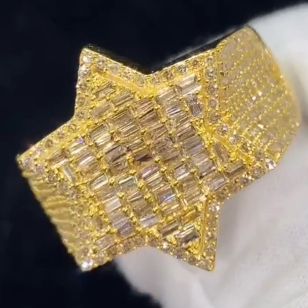 26ctw Cushion Cut Diamond Luxury Six-pointed Star Shape Sterling Silver Plated Gold Handmade Ring