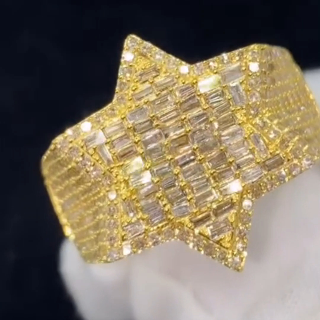 26ctw Cushion Cut Diamond Luxury Six-pointed Star Shape Sterling Silver Plated Gold Handmade Ring