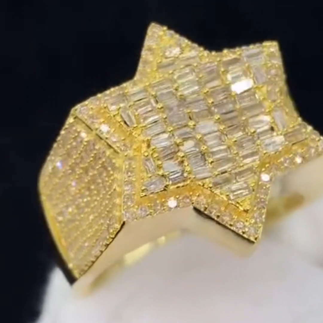 26ctw Cushion Cut Diamond Luxury Six-pointed Star Shape Sterling Silver Plated Gold Handmade Ring