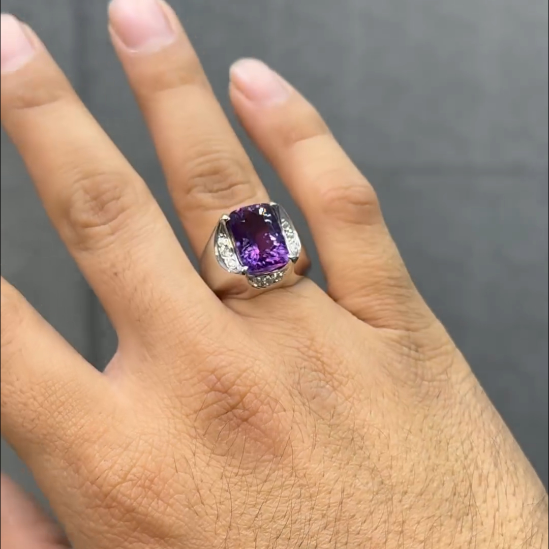 8ct Cushion Cut Amethyst Handmade Sterling Silver Men's Ring