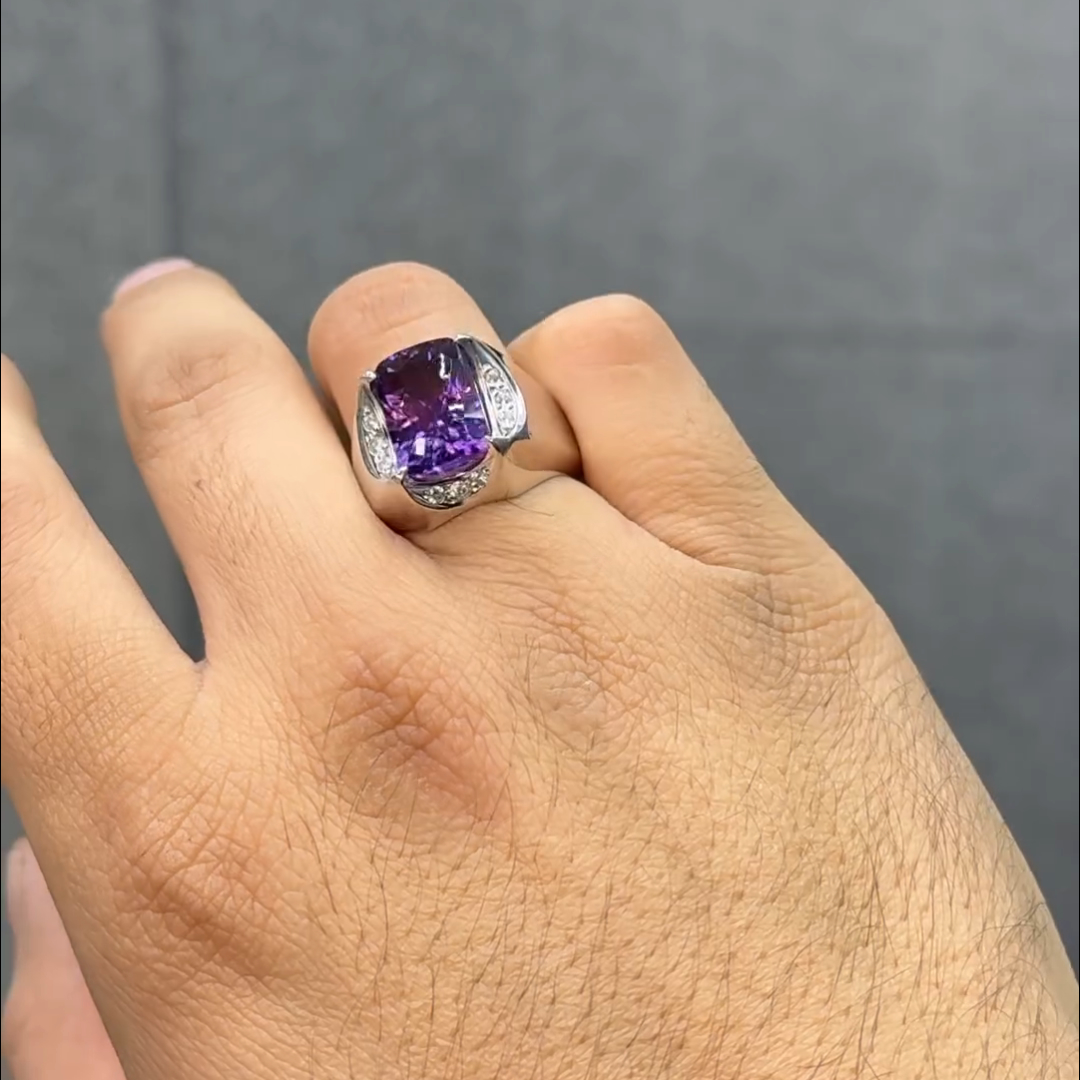 8ct Cushion Cut Amethyst Handmade Sterling Silver Men's Ring