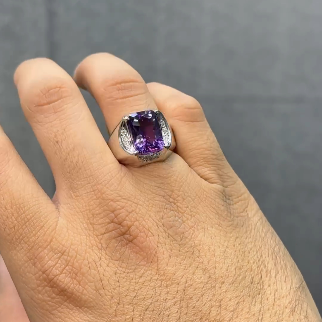 8ct Cushion Cut Amethyst Handmade Sterling Silver Men's Ring