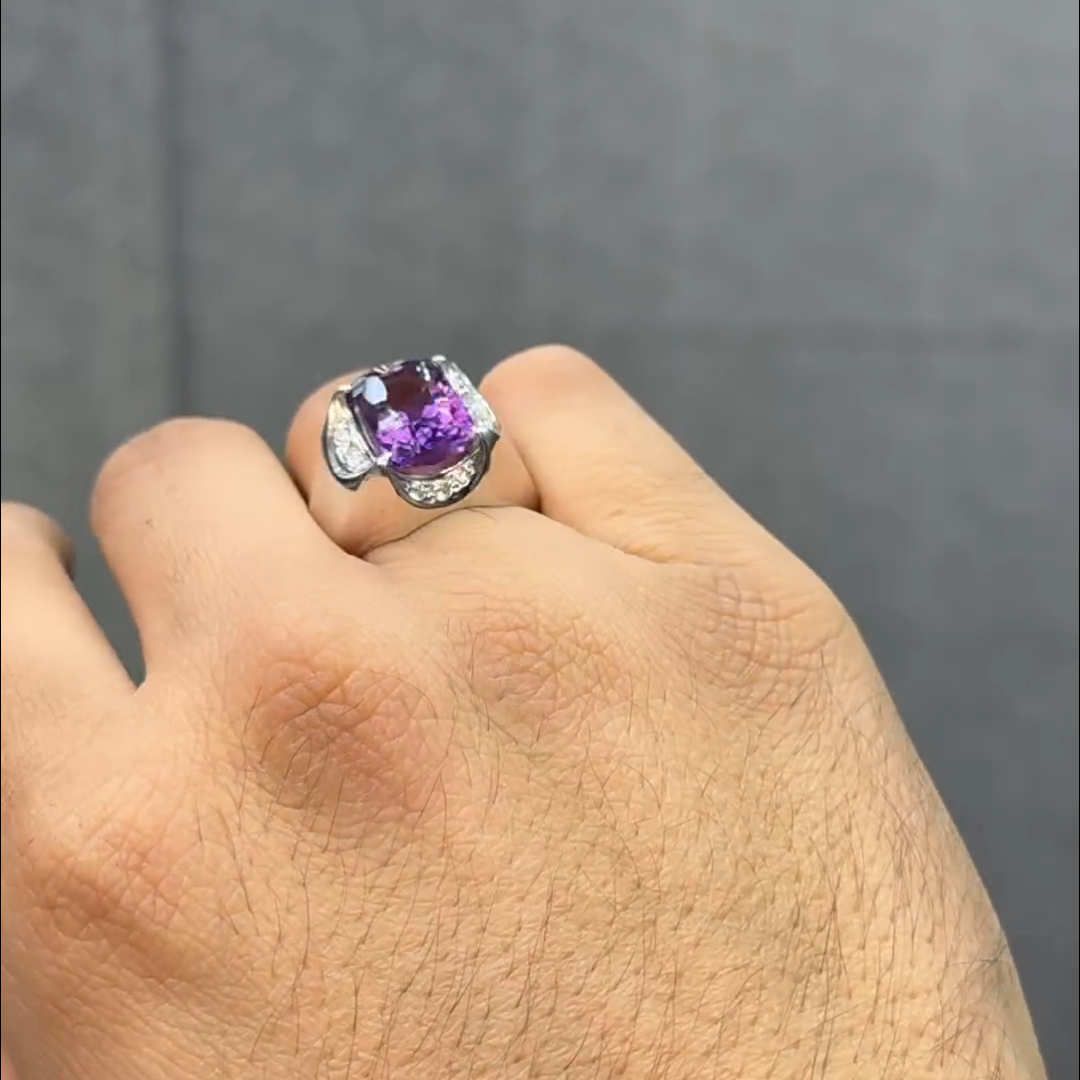 8ct Cushion Cut Amethyst Handmade Sterling Silver Men's Ring