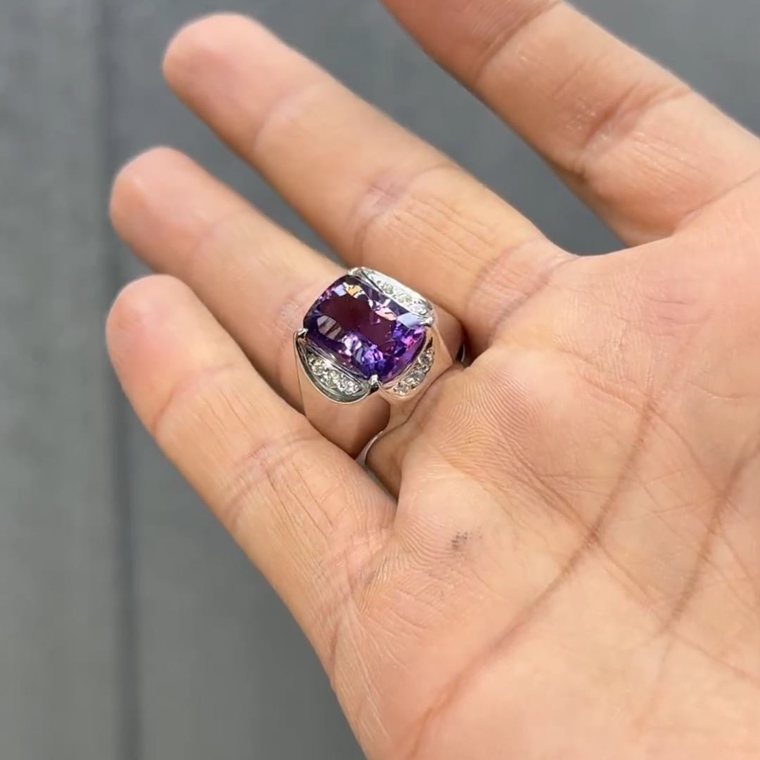 8ct Cushion Cut Amethyst Handmade Sterling Silver Men's Ring