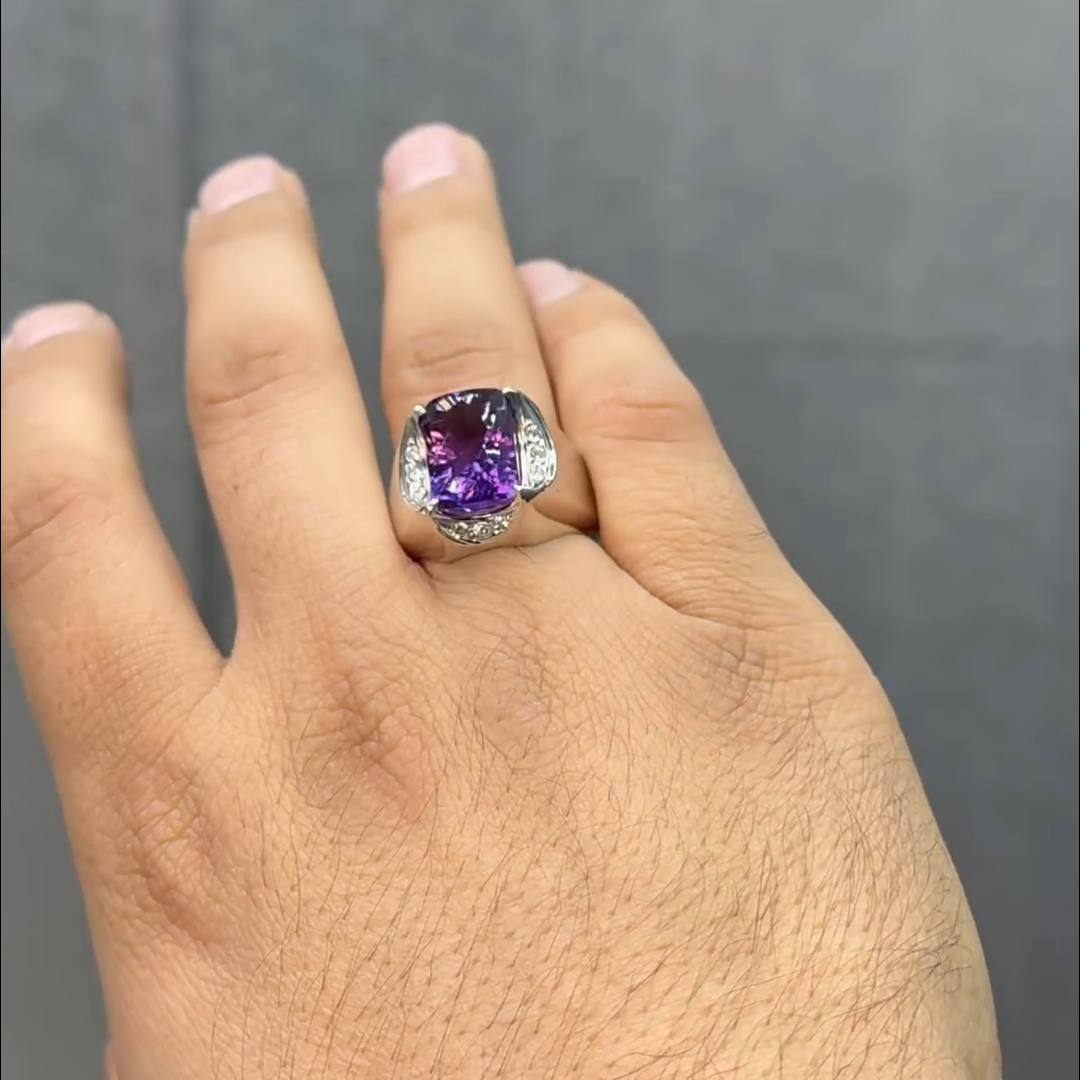 8ct Cushion Cut Amethyst Handmade Sterling Silver Men's Ring