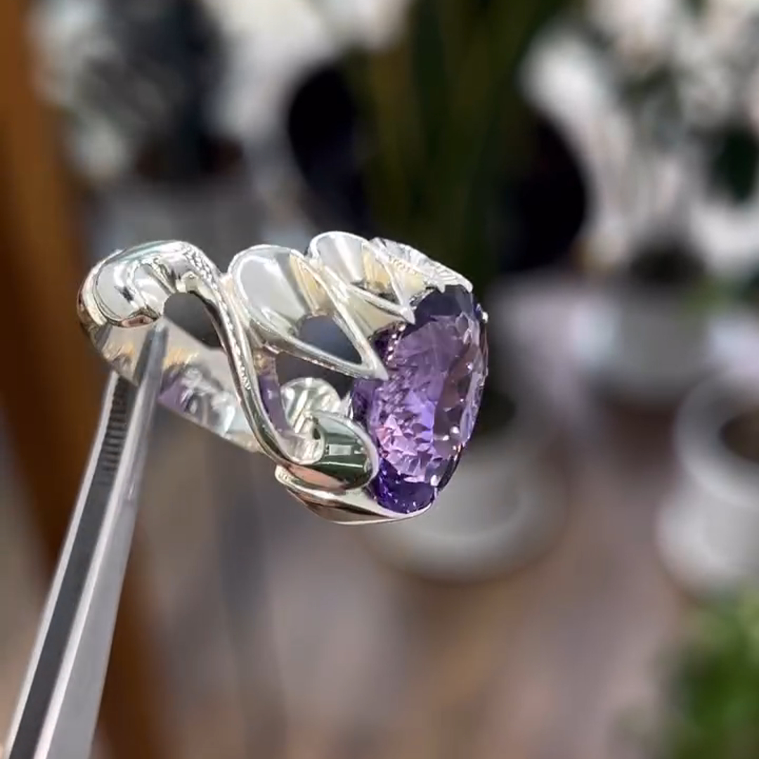 6ctw Oval Cut Amethyst Sterling Silver Handmade Men's Ring