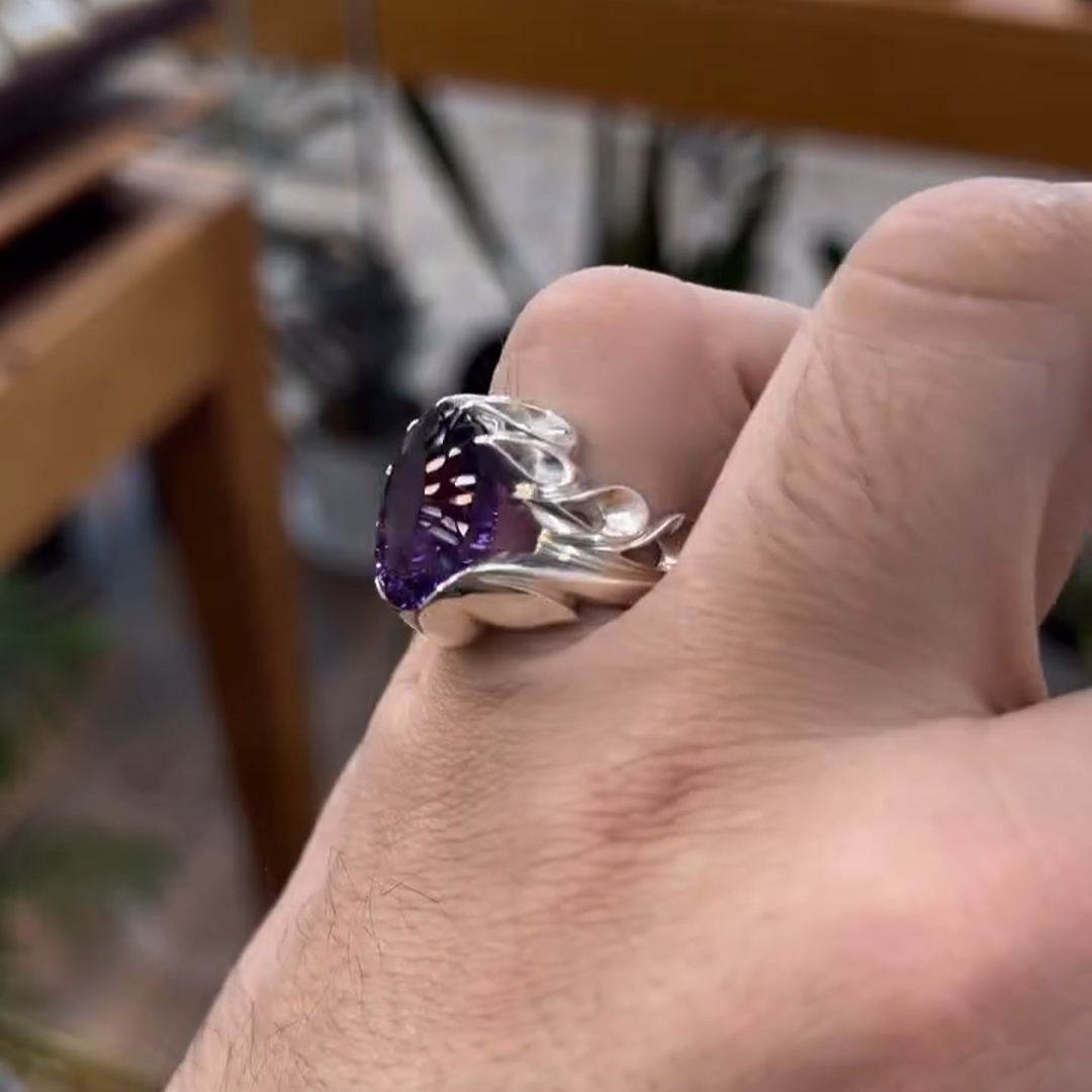 6ctw Oval Cut Amethyst Sterling Silver Handmade Men's Ring