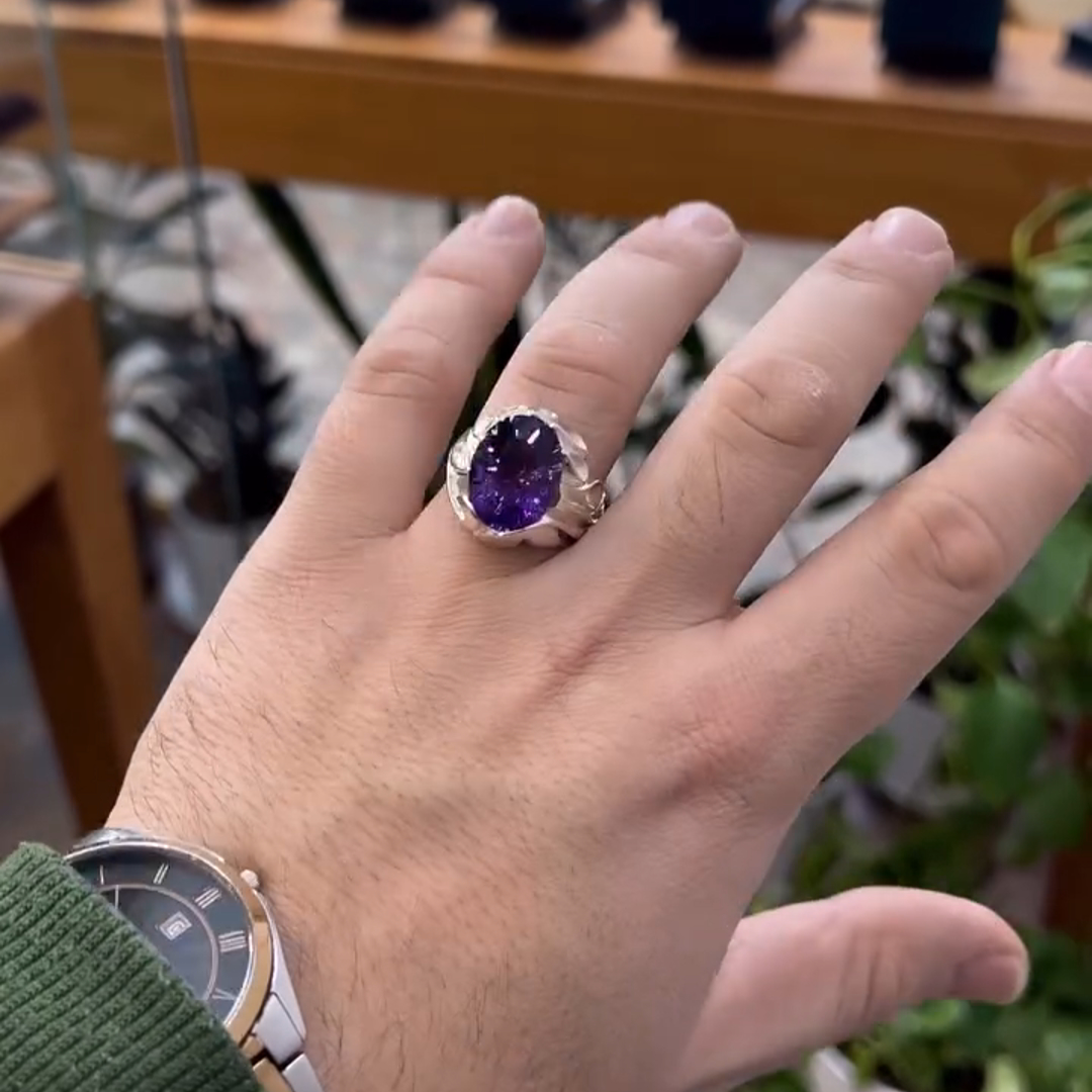 6ctw Oval Cut Amethyst Sterling Silver Handmade Men's Ring