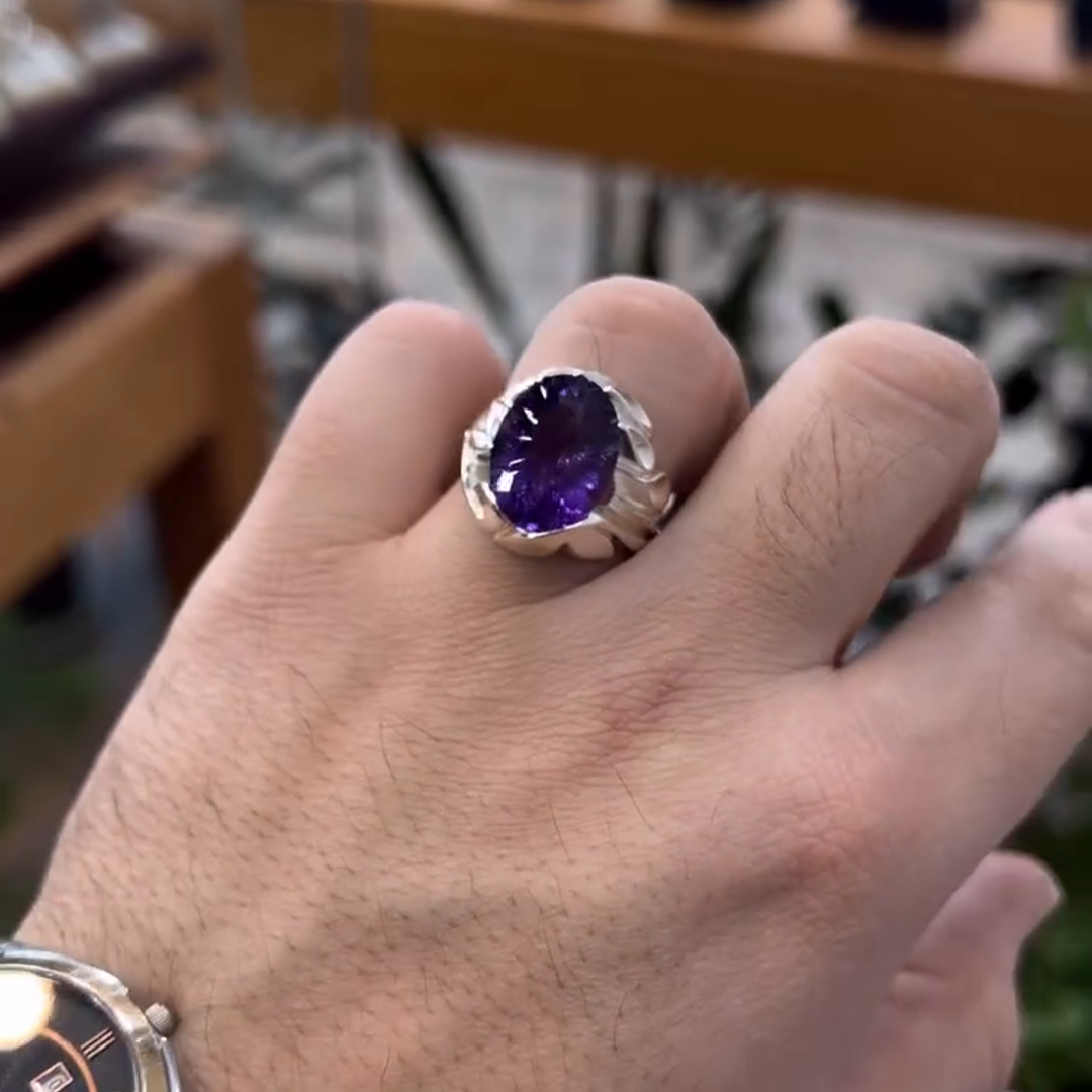 6ctw Oval Cut Amethyst Sterling Silver Handmade Men's Ring