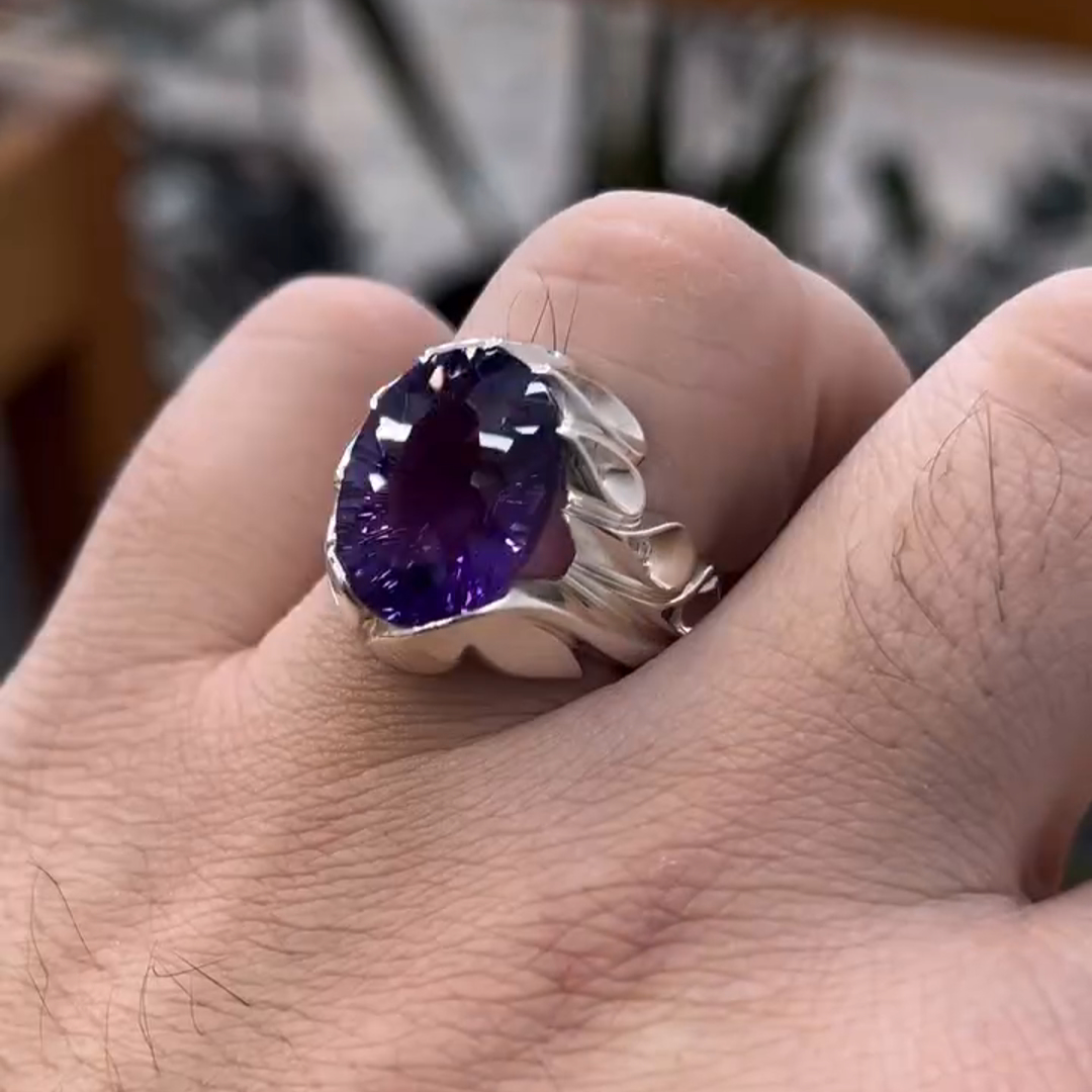 6ctw Oval Cut Amethyst Sterling Silver Handmade Men's Ring
