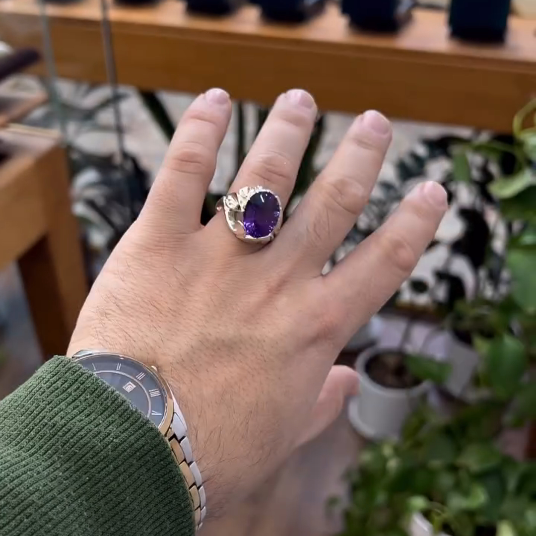 6ctw Oval Cut Amethyst Sterling Silver Handmade Men's Ring