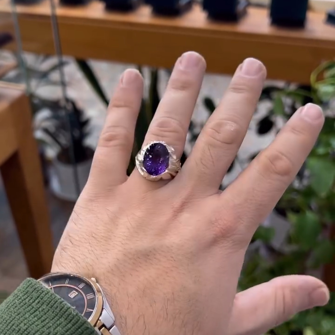 6ctw Oval Cut Amethyst Sterling Silver Handmade Men's Ring