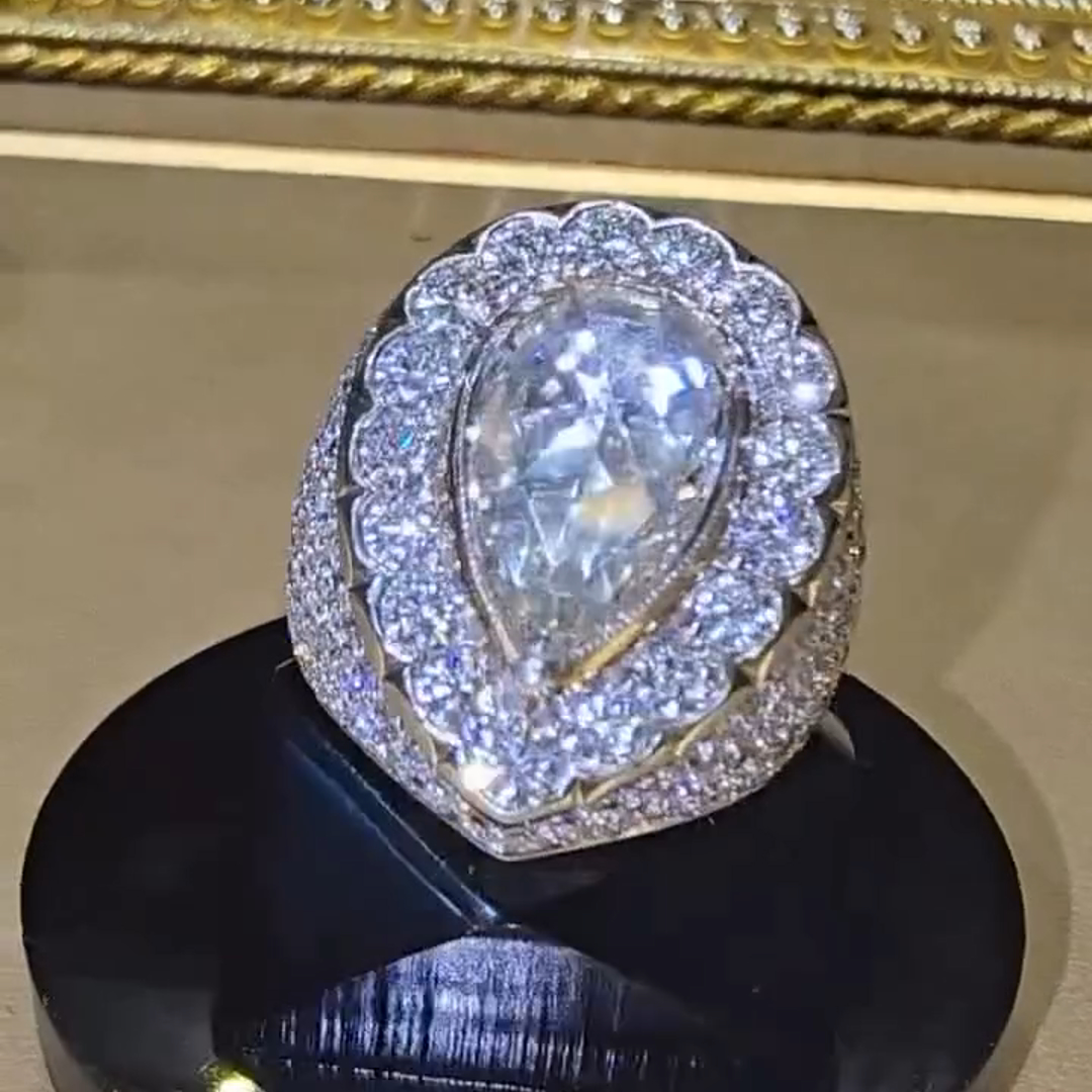 8ct Pear-cut Diamond Sterling Silver Plated Yellow Gold Handmade Ring