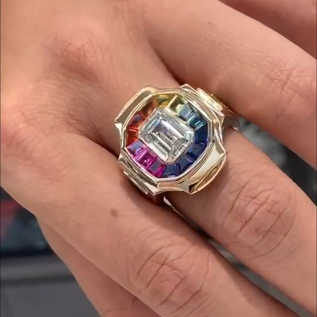 6ct cushion-cut diamond and colored diamond handmade sterling silver plated yellow gold ring