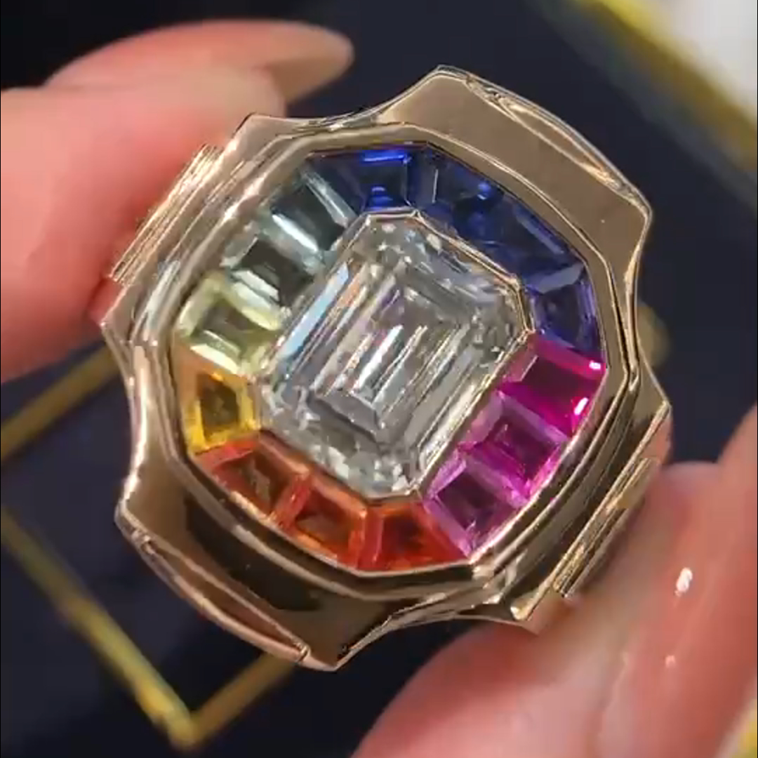 6ct cushion-cut diamond and colored diamond handmade sterling silver plated yellow gold ring