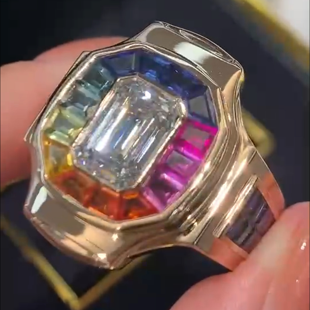 6ct cushion-cut diamond and colored diamond handmade sterling silver plated yellow gold ring
