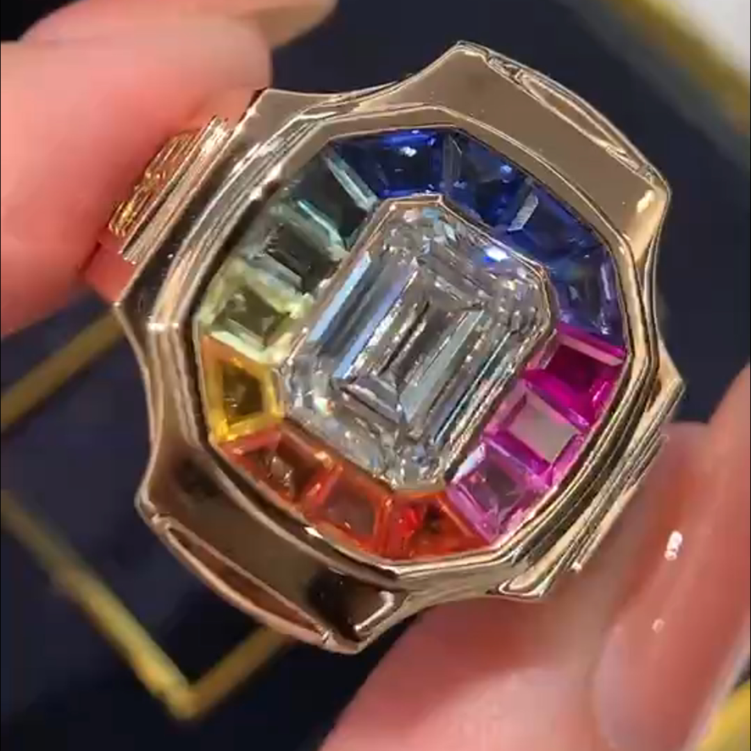 6ct cushion-cut diamond and colored diamond handmade sterling silver plated yellow gold ring