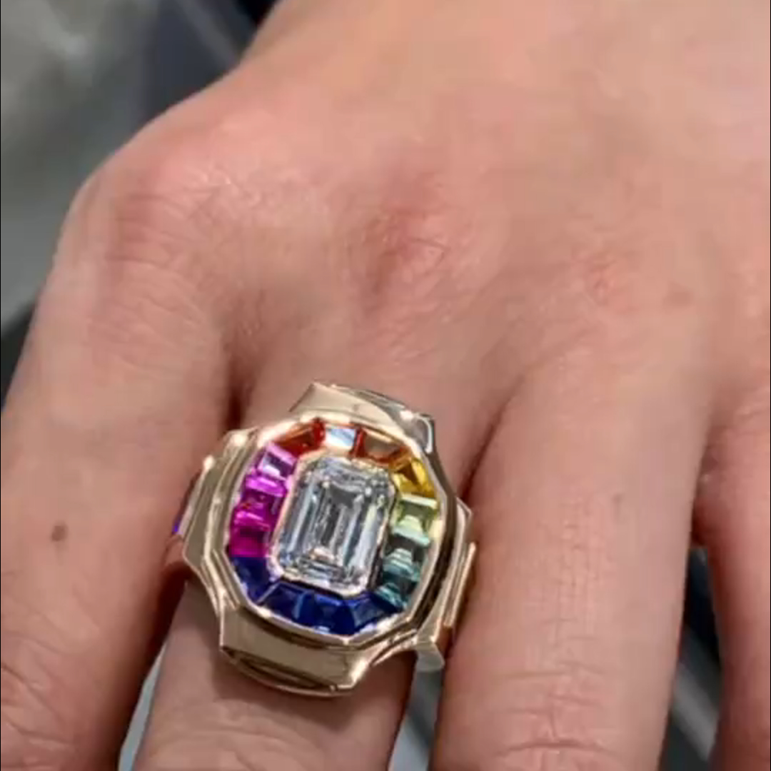 6ct cushion-cut diamond and colored diamond handmade sterling silver plated yellow gold ring