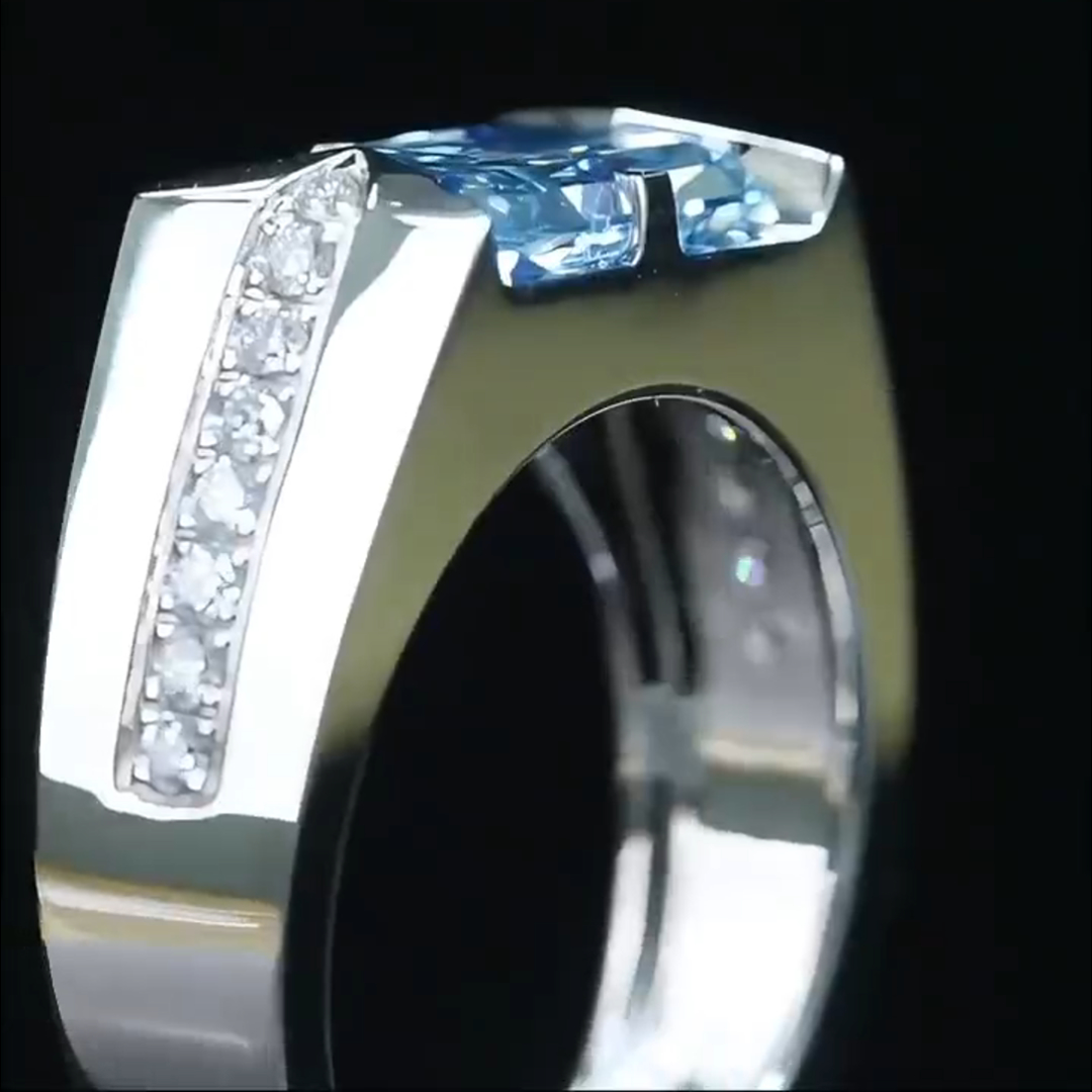 5ct Princess Cut Aqua Blue Diamond Handmade Sterling Silver Ring