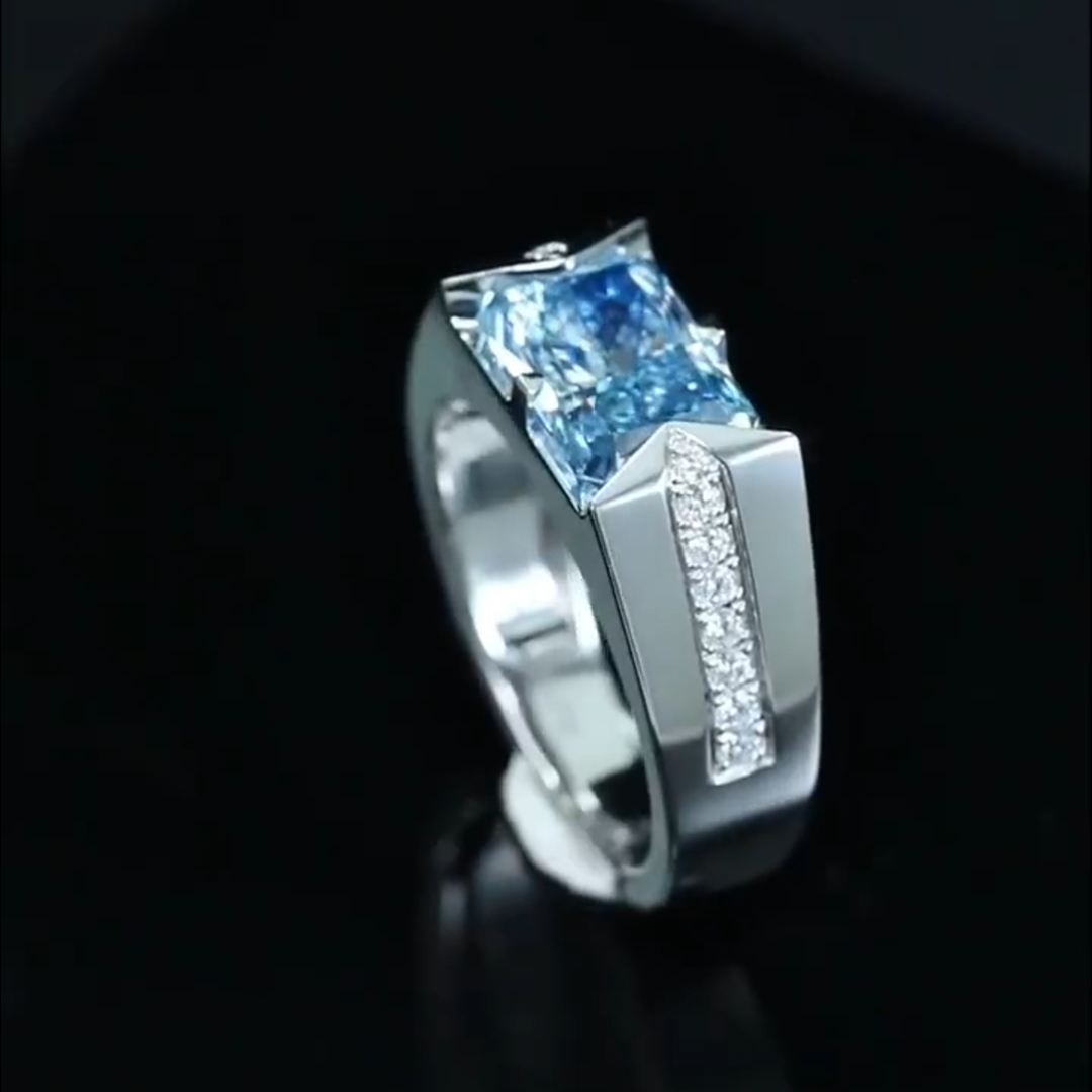 5ct Princess Cut Aqua Blue Diamond Handmade Sterling Silver Ring