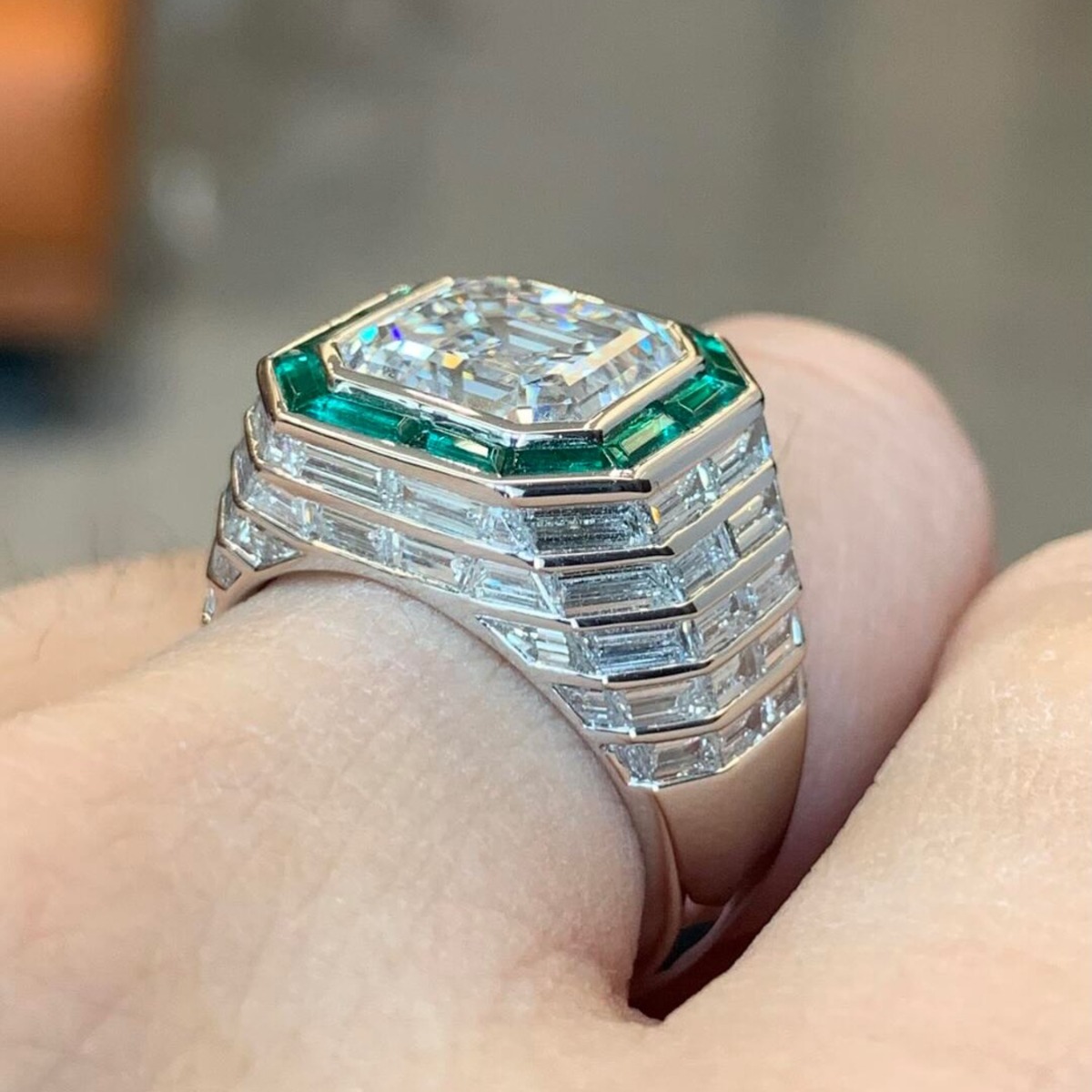 5ct Cushion-cut Zircon And Emerald Sterling Silver Handmade Ring