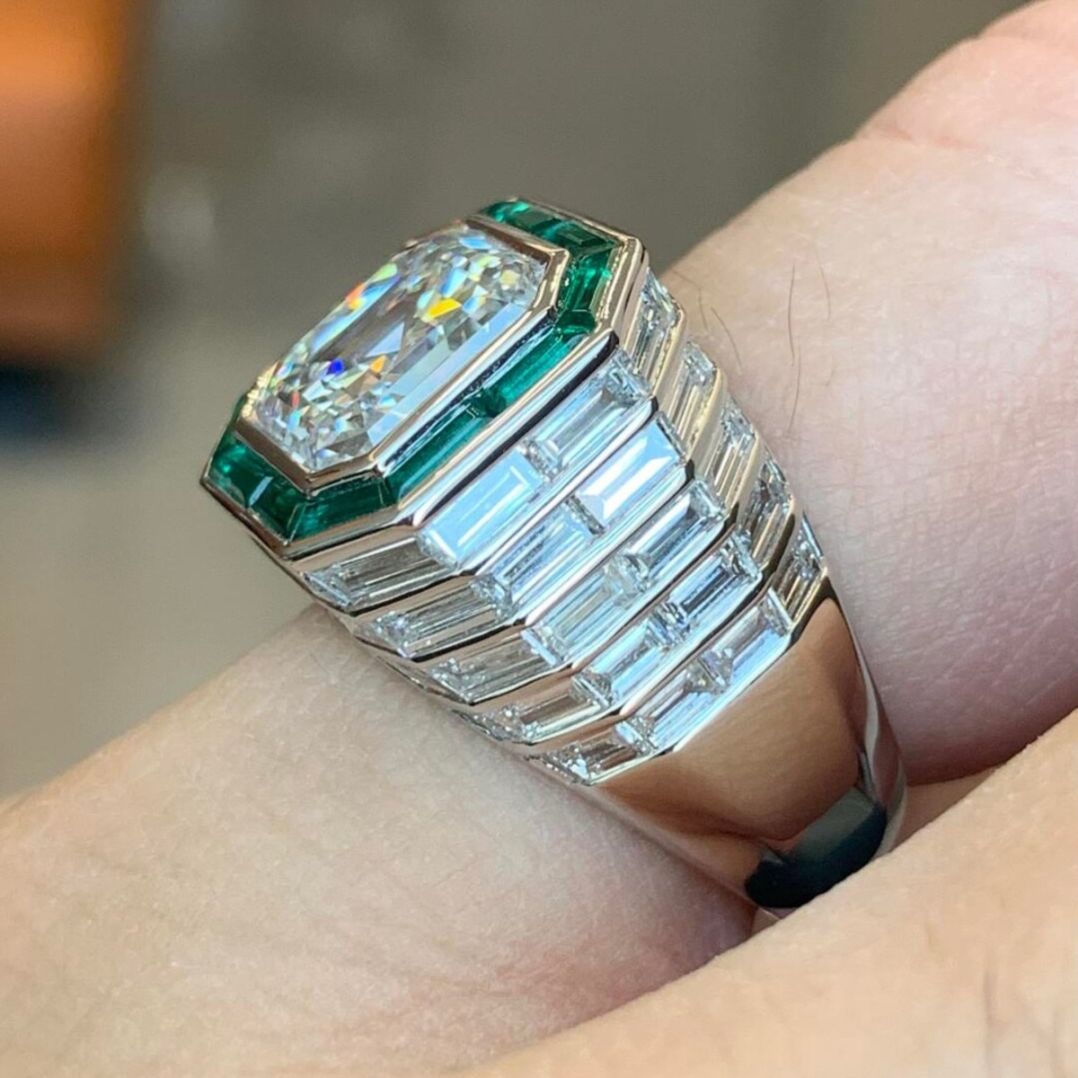 5ct Cushion-cut Zircon And Emerald Sterling Silver Handmade Ring