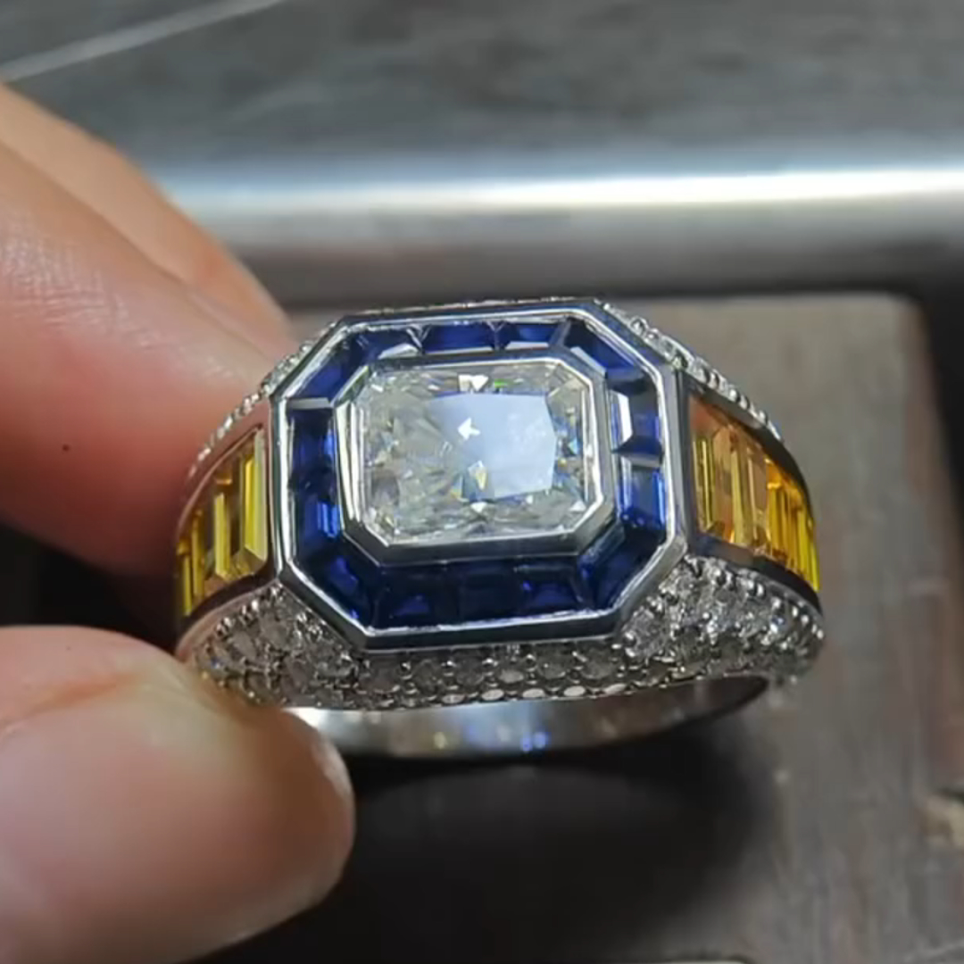 5ct Princess-cut Zircon And Sapphire Handmade Sterling Silver Ring