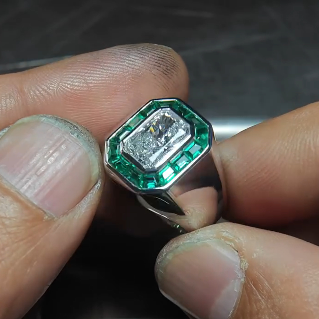 3ct Princess Cut Zircon And Emerald Sterling Silver Handmade Ring