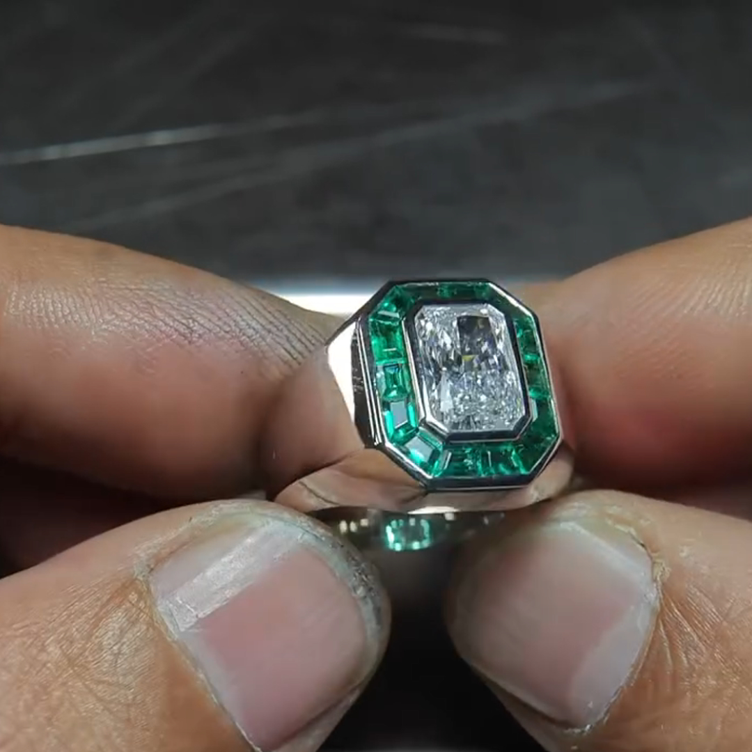 3ct Princess Cut Zircon And Emerald Sterling Silver Handmade Ring
