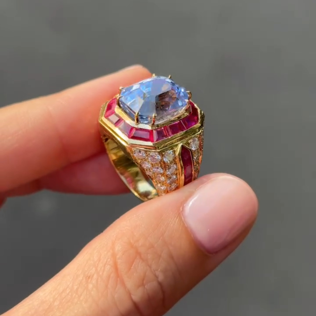 4ct Cushion-cut Sapphire Sterling Silver Plated With Yellow Gold Handmade Luxury Ring