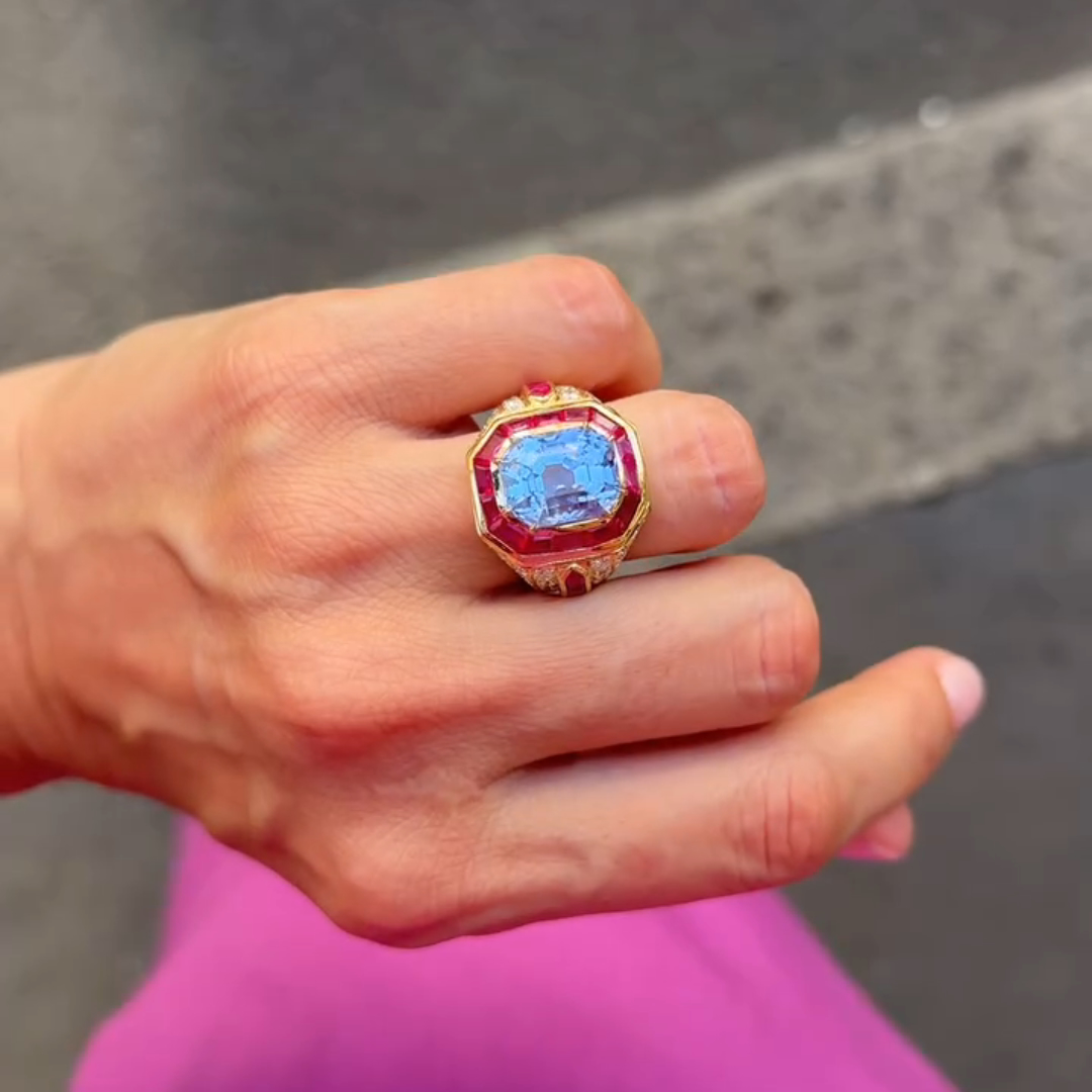 4ct Cushion-cut Sapphire Sterling Silver Plated With Yellow Gold Handmade Luxury Ring