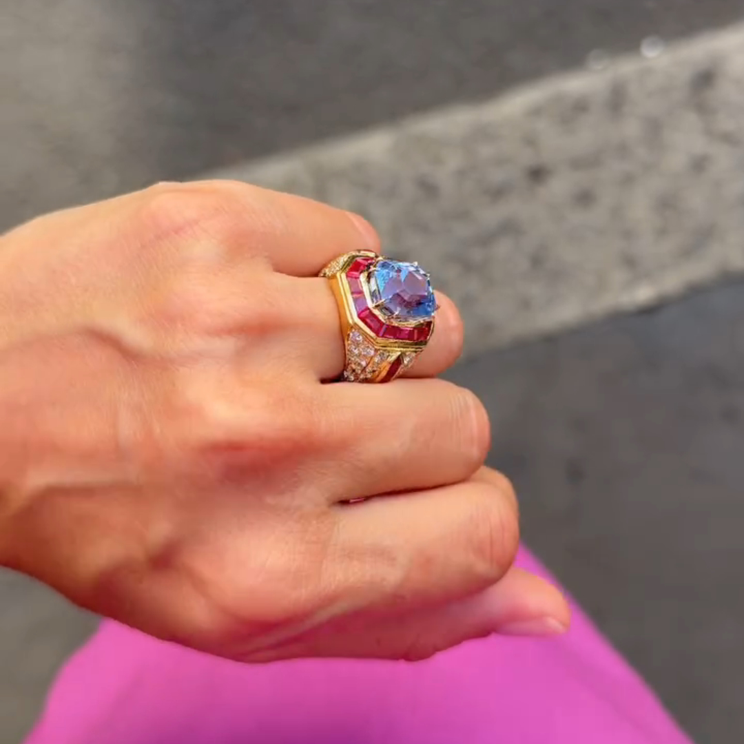 4ct Cushion-cut Sapphire Sterling Silver Plated With Yellow Gold Handmade Luxury Ring