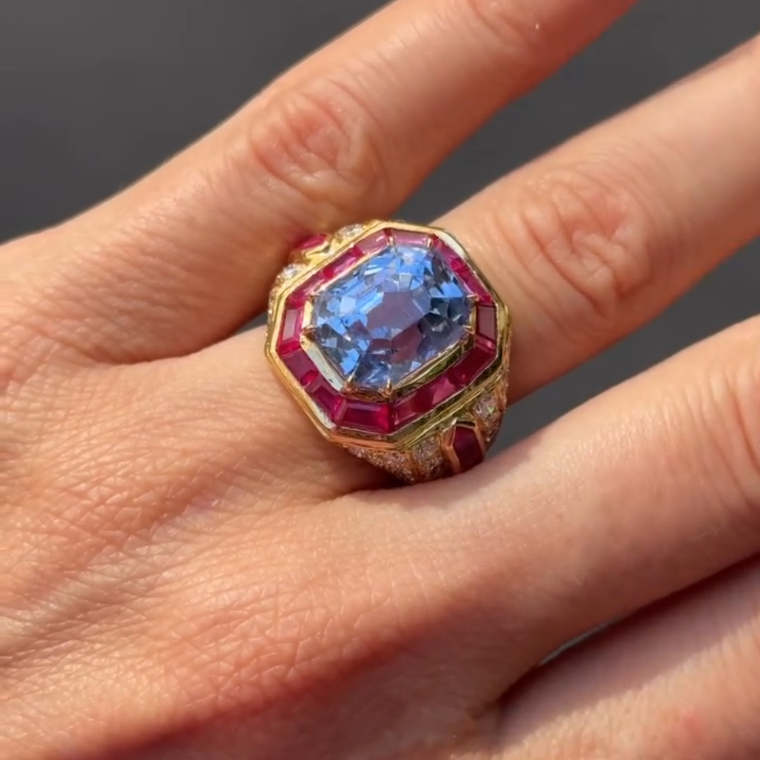 4ct Cushion-cut Sapphire Sterling Silver Plated With Yellow Gold Handmade Luxury Ring