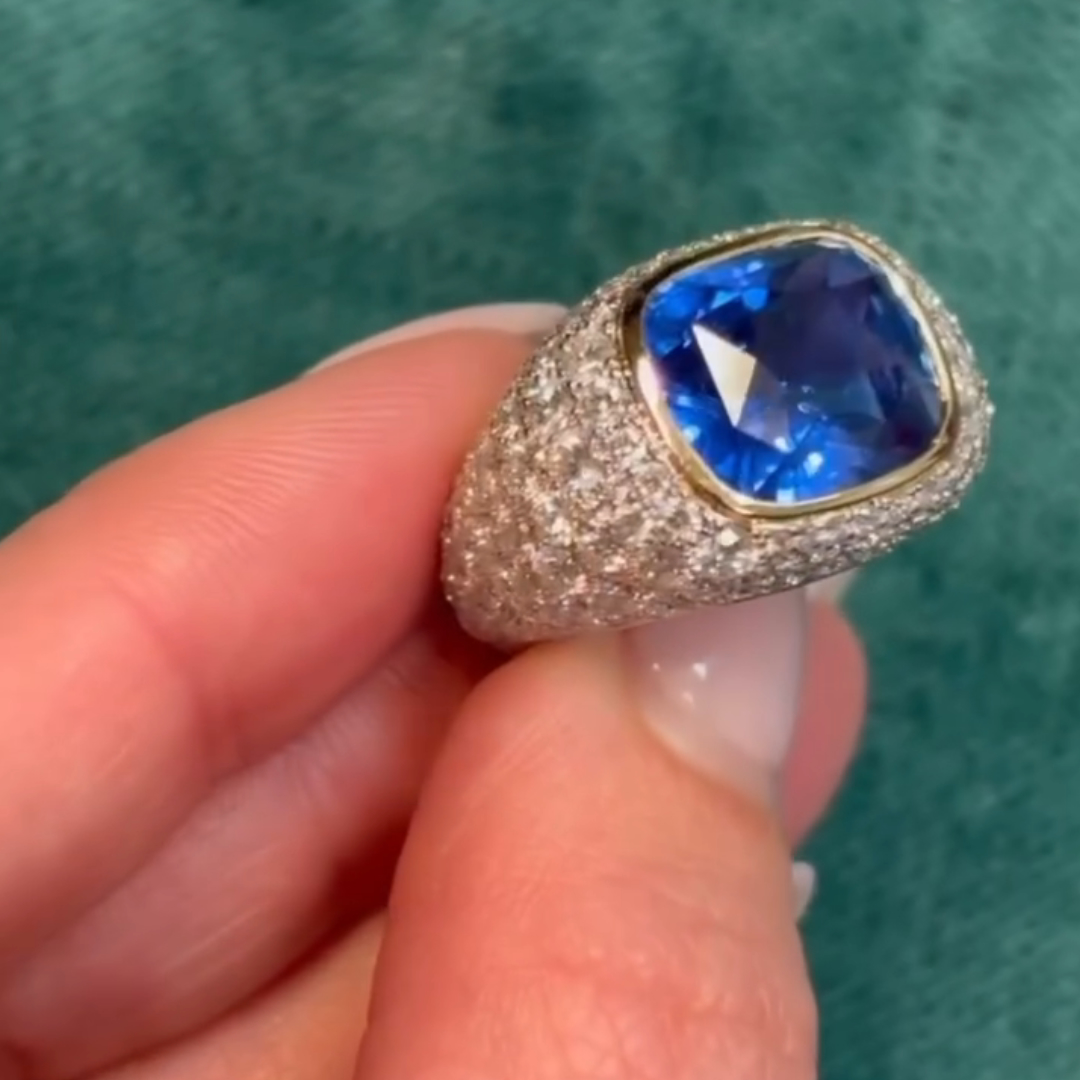 5ct Cushion-cut Sapphire Sterling Silver Plated With Yellow Gold Handmade Ring